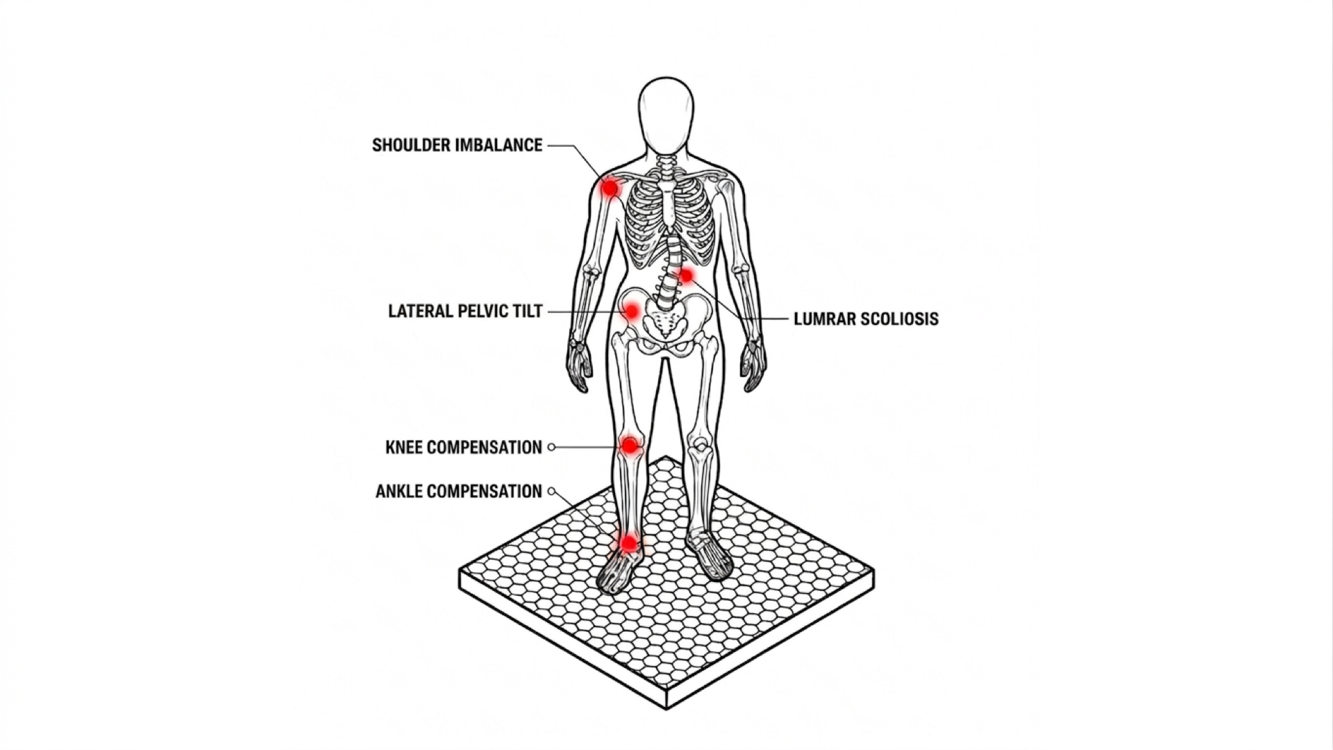 Anatomical diagram showing compensation points from leg length discrepancy — shoulder imbalance, lateral pelvic tilt, lumbar scoliosis, knee and ankle compensation