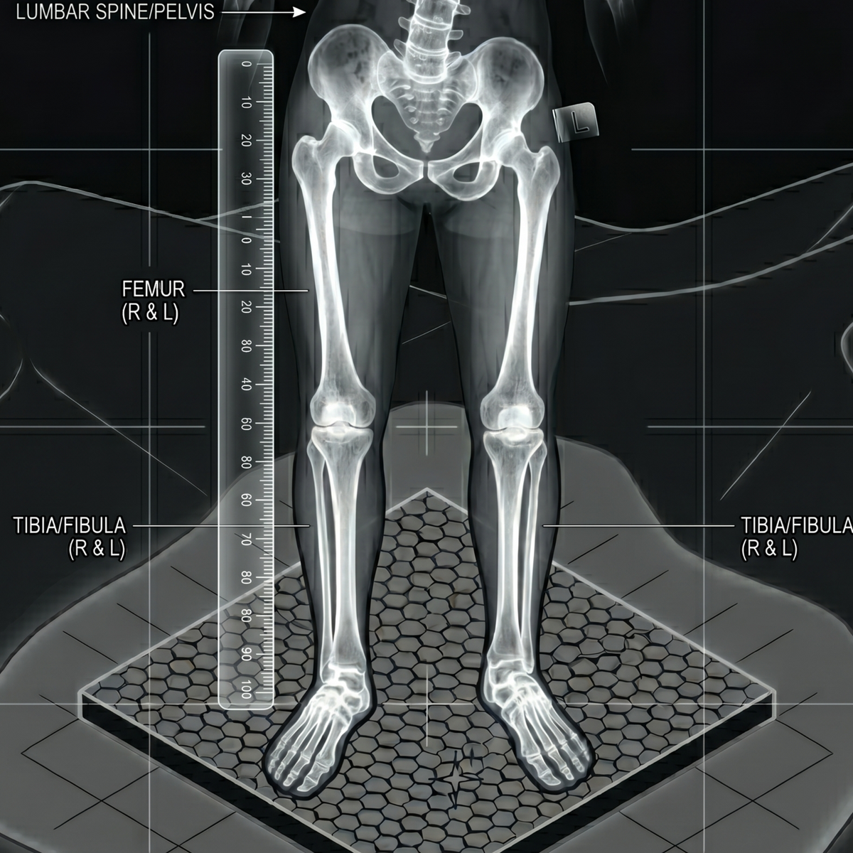 Diagram showing how leg length discrepancy causes pelvic tilt and spinal compensation.
