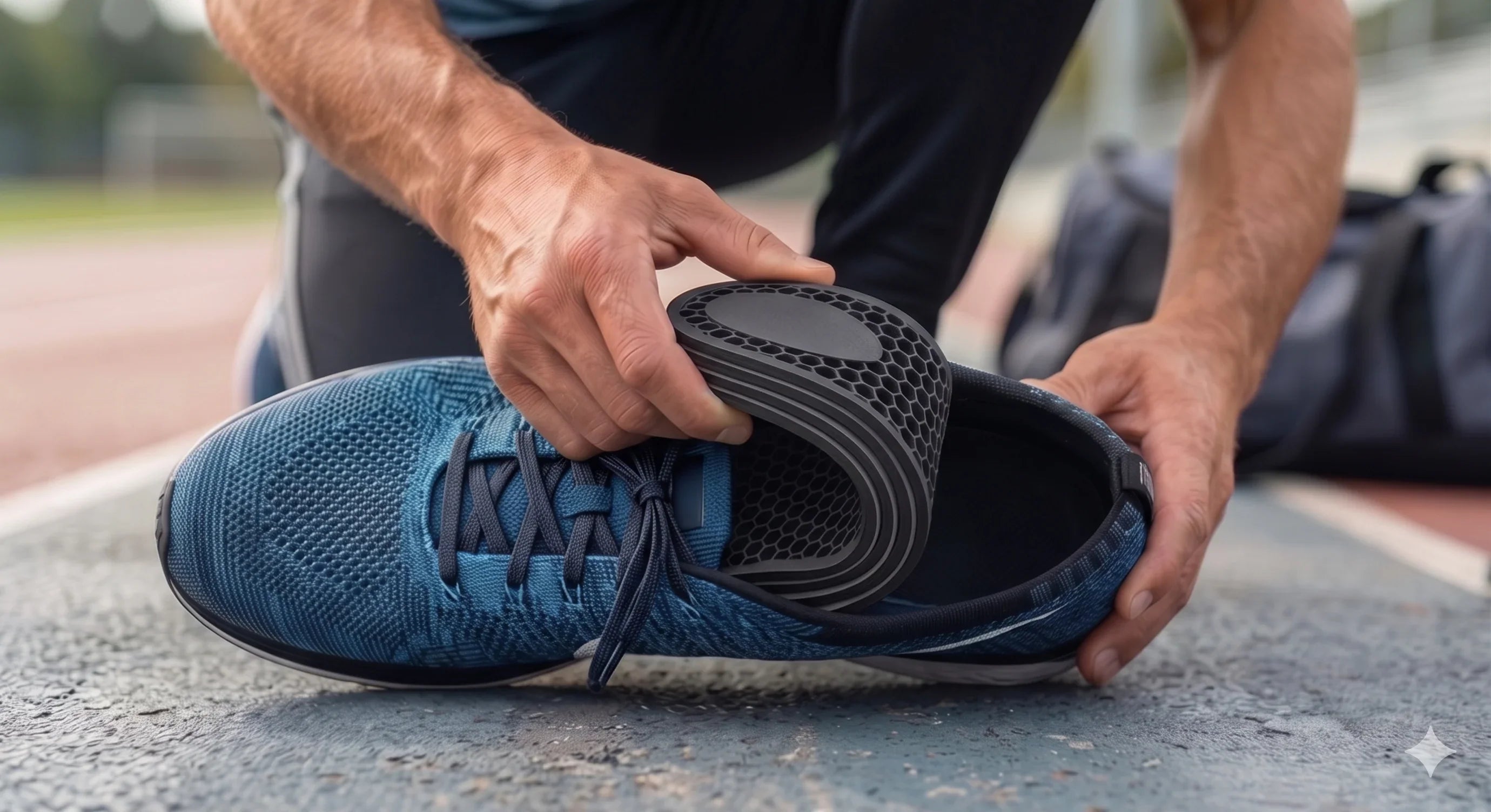 Mesa foot and heel lift system installed in a sneaker for leg length discrepancy (LLD) correction; visualizing the stackable HexCore™ lattice and precision footwear fit.